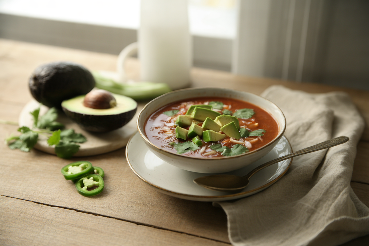 Margarita's soupa with avocado, jalapeno and cilantro