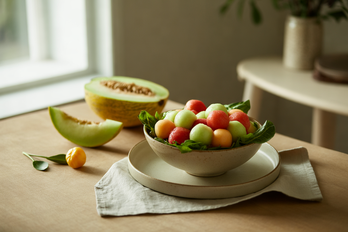 Melon ball salad with watermelon, cantaloupe and honeydew