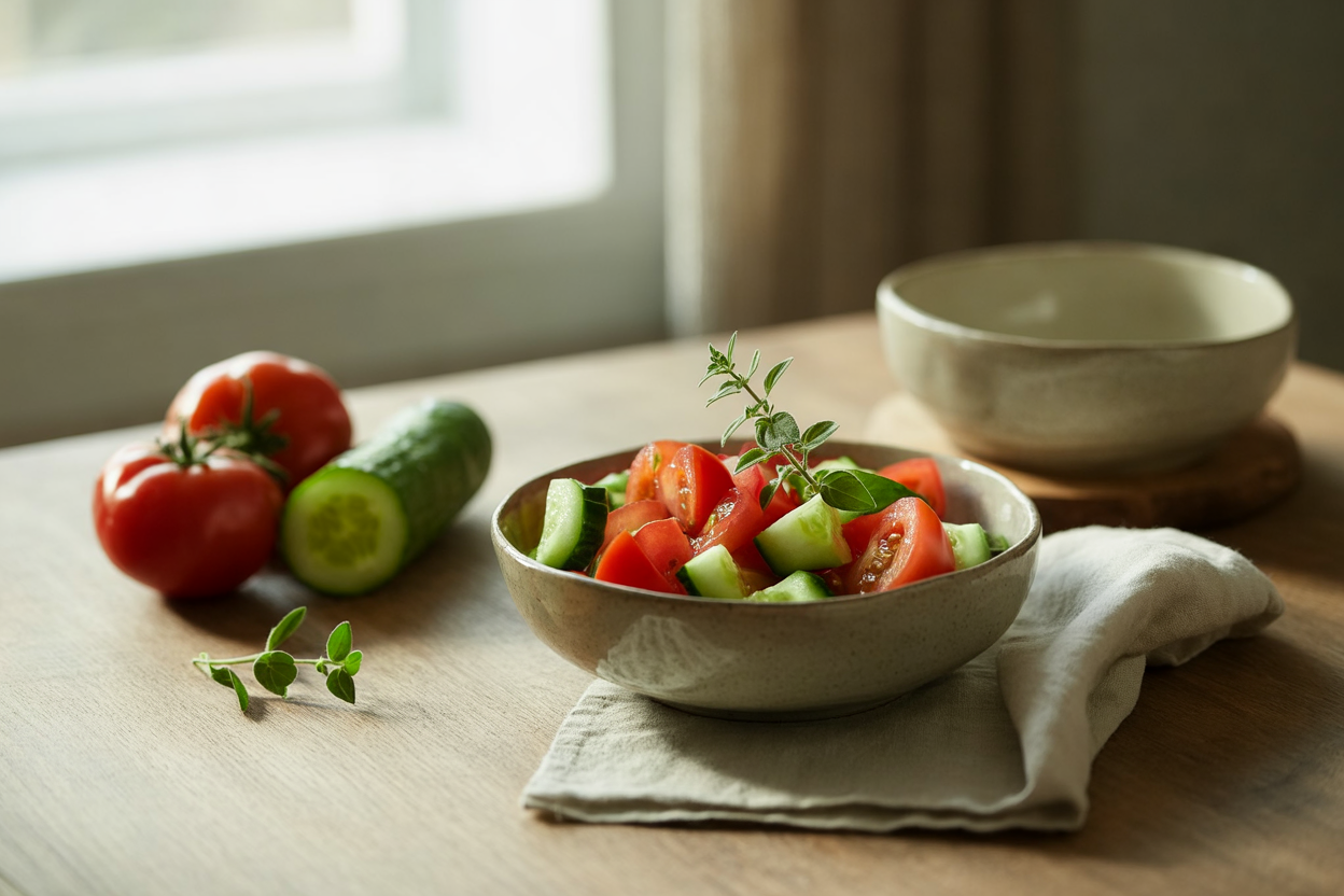 Tomato cucumber salad with oregano and olive oil