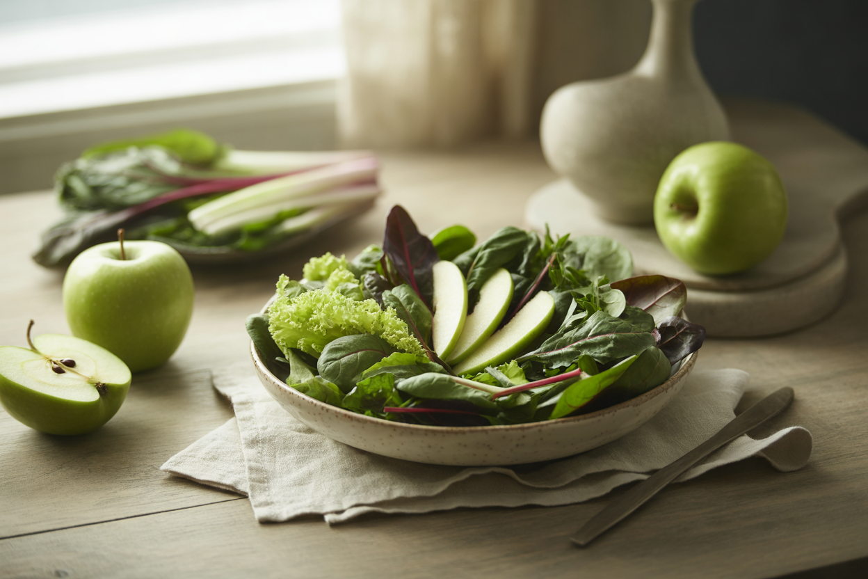 Mixed greens salad with Granny Smith apples