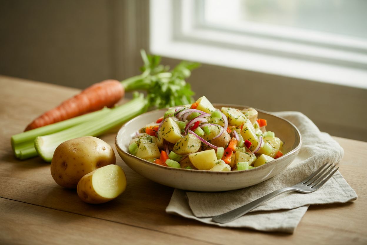 Mostly raw potato salad with carrot, celery and red pepper