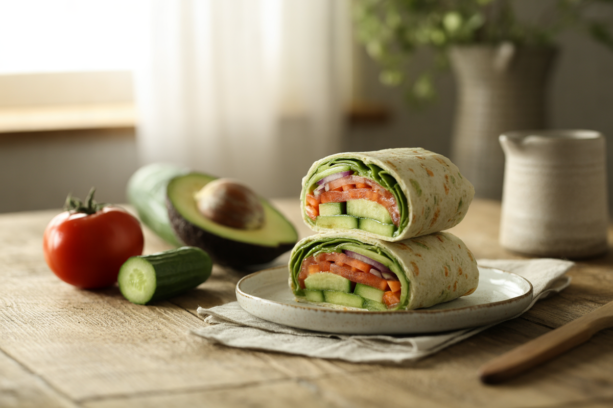 Fresh veggie wrap with avocado and tomato