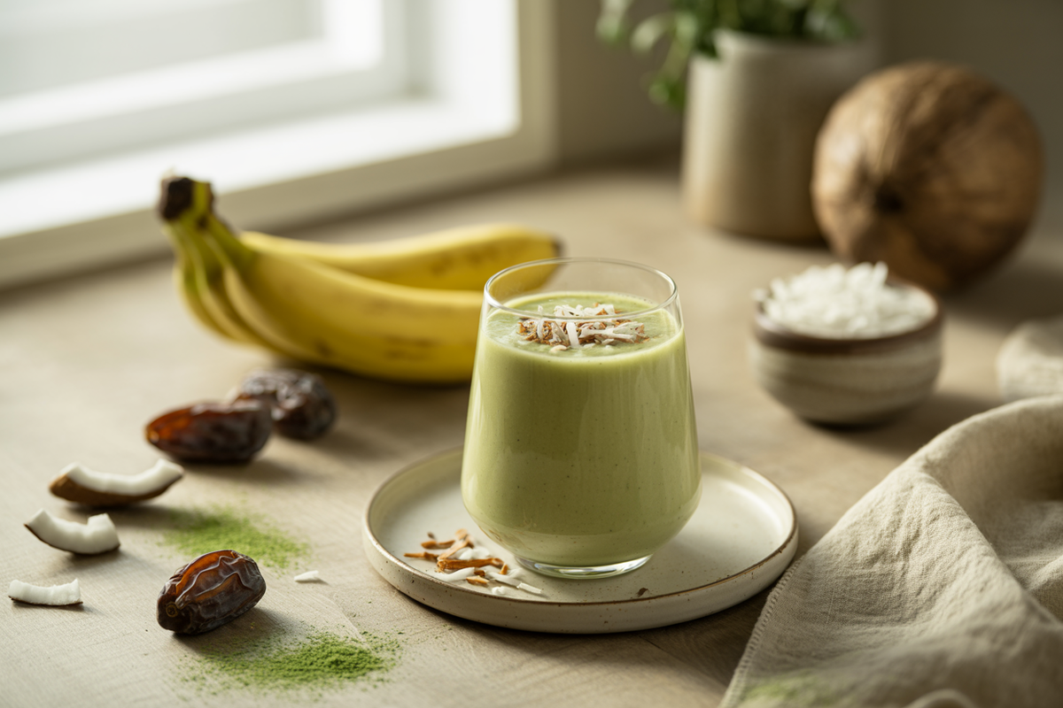 Power smoothie with bananas, coconut, dates and BarleyMax