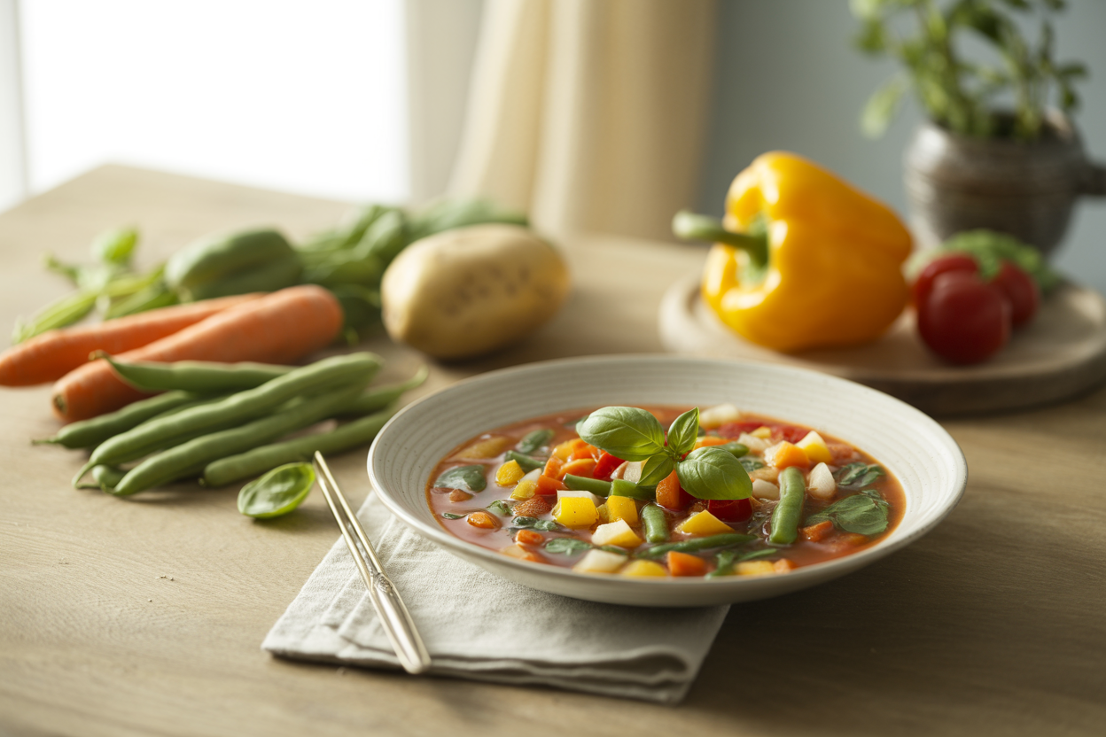 Rainbow vegetable soup with carrots, potato, green beans and tomatoes