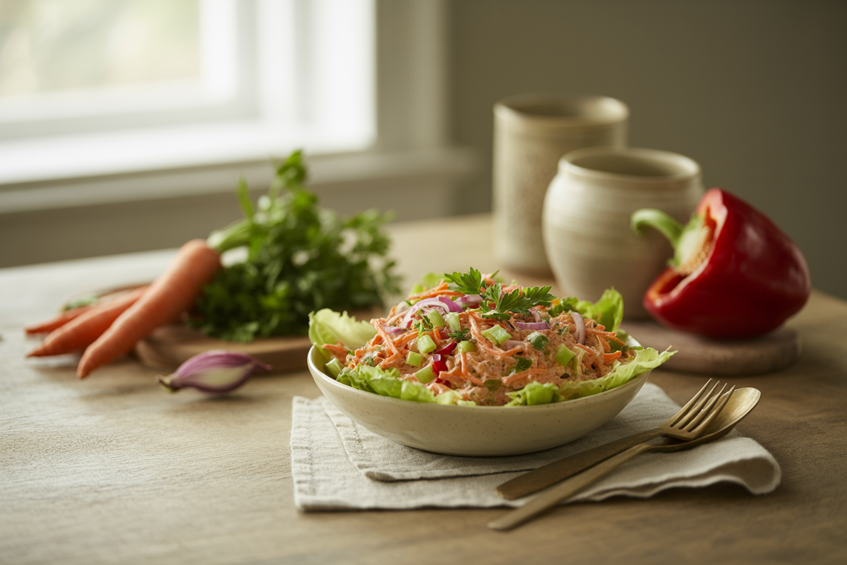 Raw better than tuna salad of shredded carrot, red pepper, celery and parsley