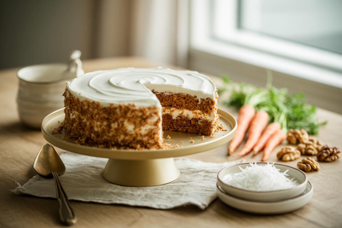 Raw carrot cake with white cashew frosting, a slice cut to show the carrot and walnut layer