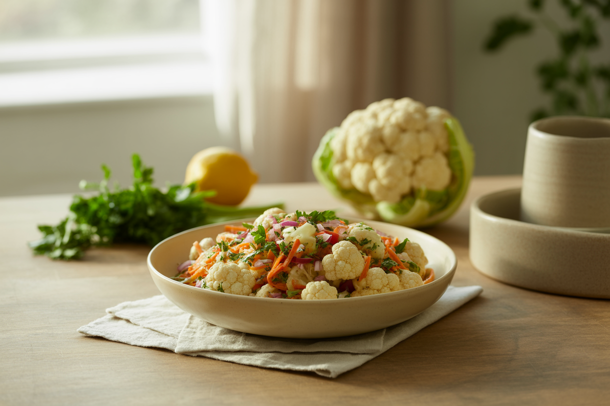 Raw cauliflower salad with carrot, red pepper and parsley in lemon dressing