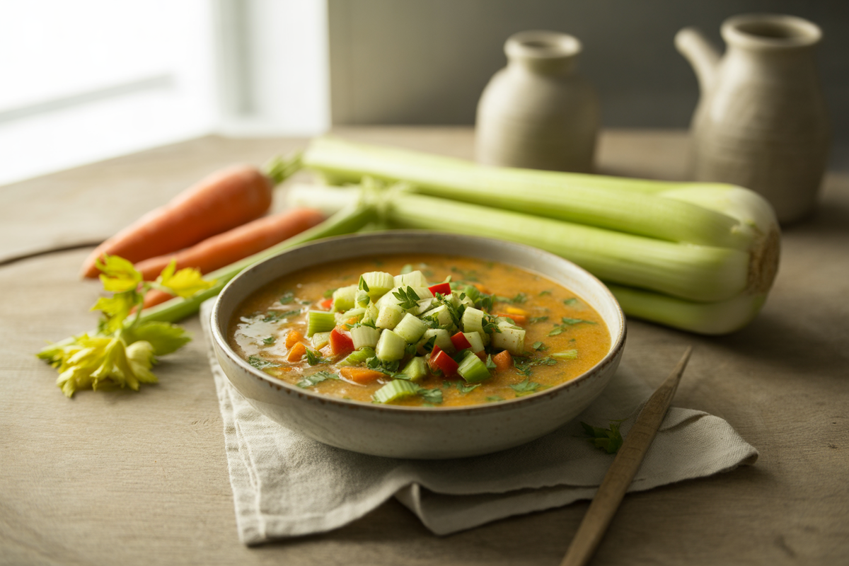 Raw celery chowder with carrot juice, celery, zucchini and red pepper