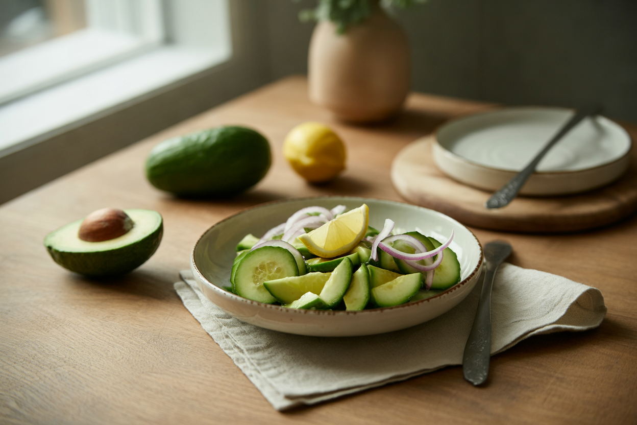 Raw cucumber avocado salad with lemon