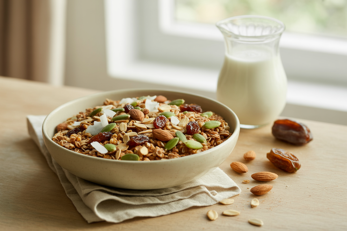 Bowl of raw granola with almonds, seeds, coconut and raisins