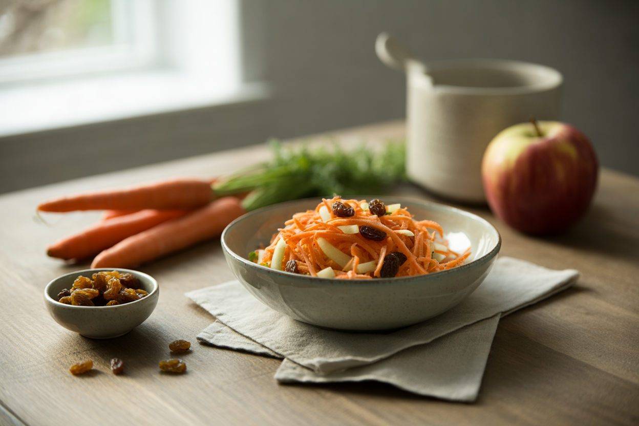Grated carrot and apple salad with raisins