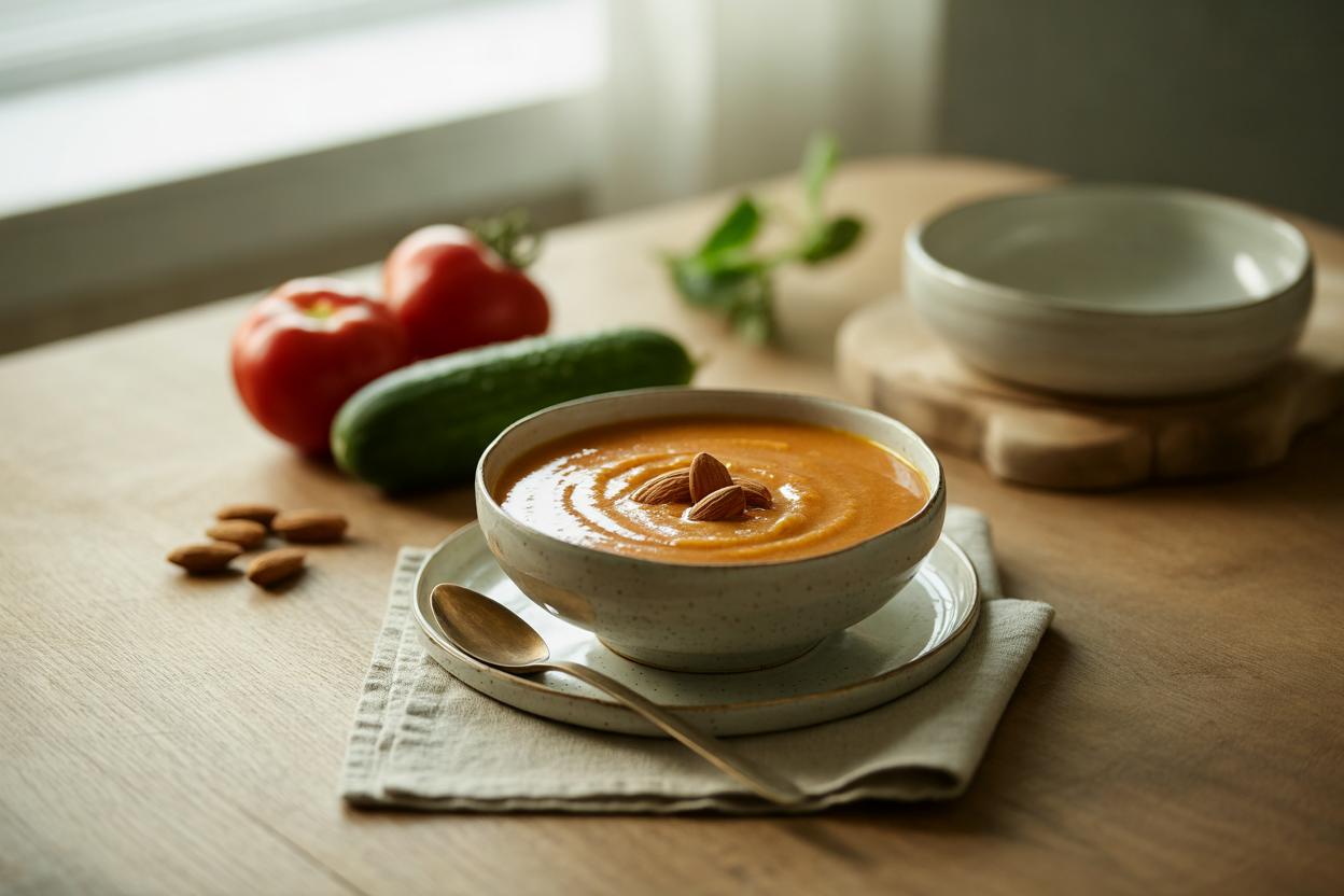 Raw soup base of tomato, cucumber and almond