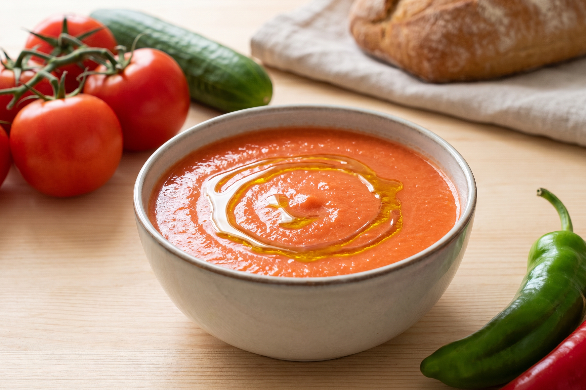 Bowl of raw Spanish gazpacho soup with tomatoes, cucumber and a green pepper