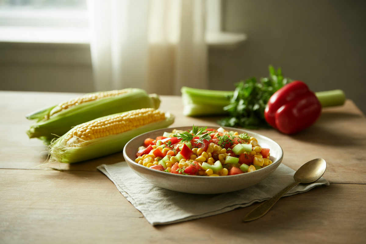 Raw sweet corn salad with red pepper, tomato and parsley