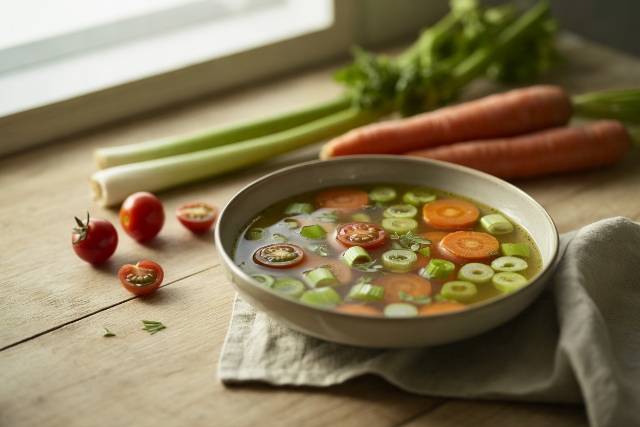 Raw vegetable soup with carrots, celery, scallions and cherry tomatoes
