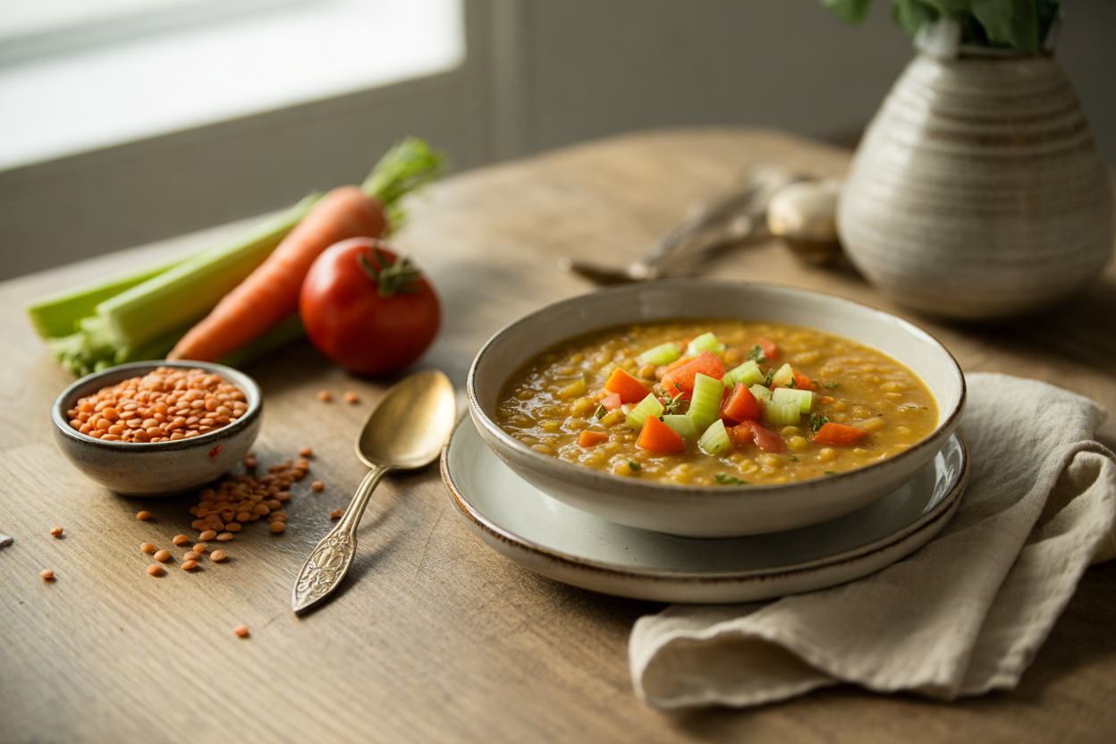 Red lentil crock pot soup with carrots and tomato