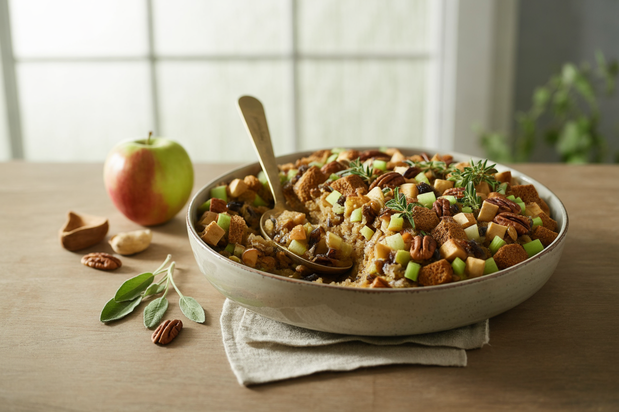 Holiday bread stuffing with apples, pecans, raisins, celery and herbs