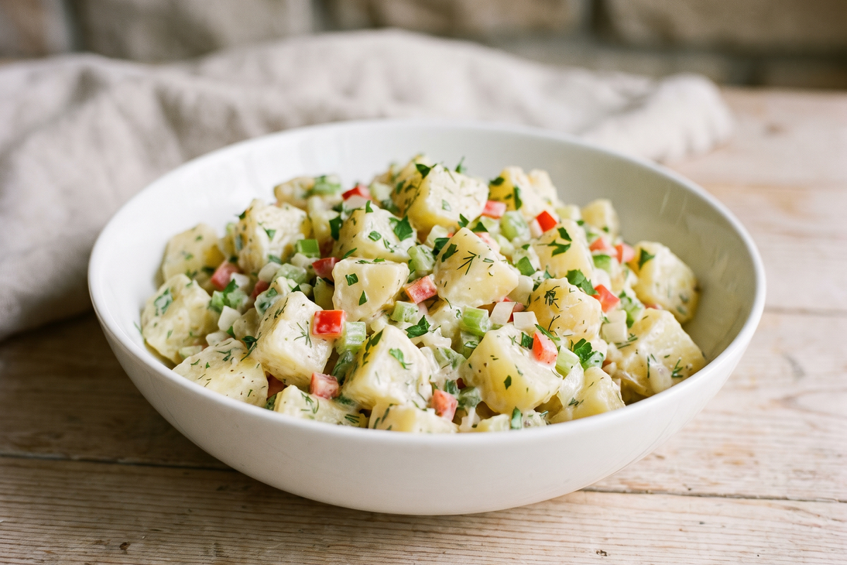 Vegan potato salad with bell peppers, celery, onion, parsley and dill in a white bowl