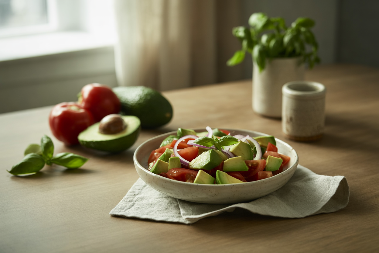 Tomato avocado salad with cucumber, basil and cilantro