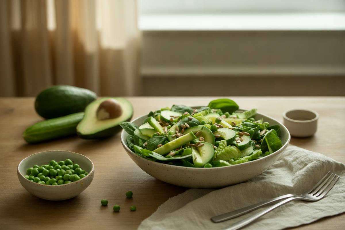 Shades of green salad with avocado, peas and sunflower seeds