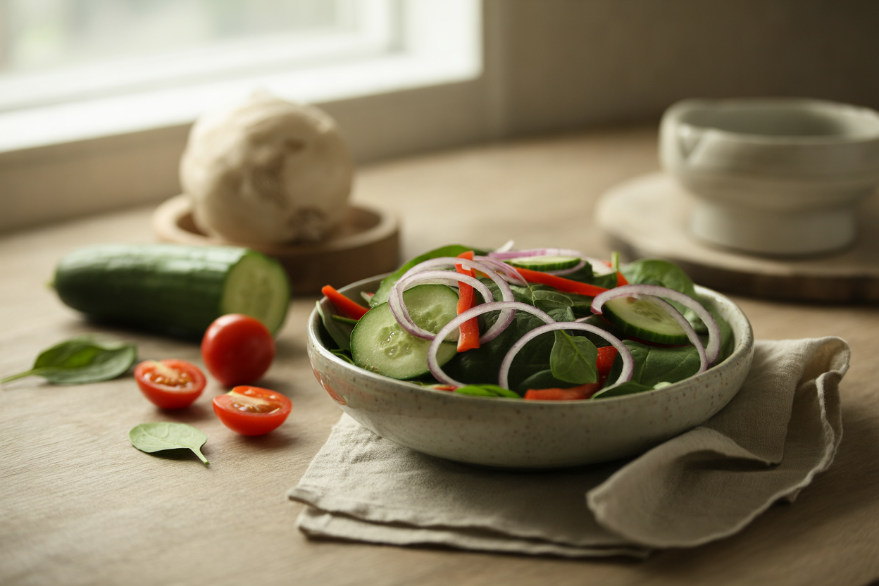 Spinach salad with red onion, cucumber, red pepper and cherry tomatoes