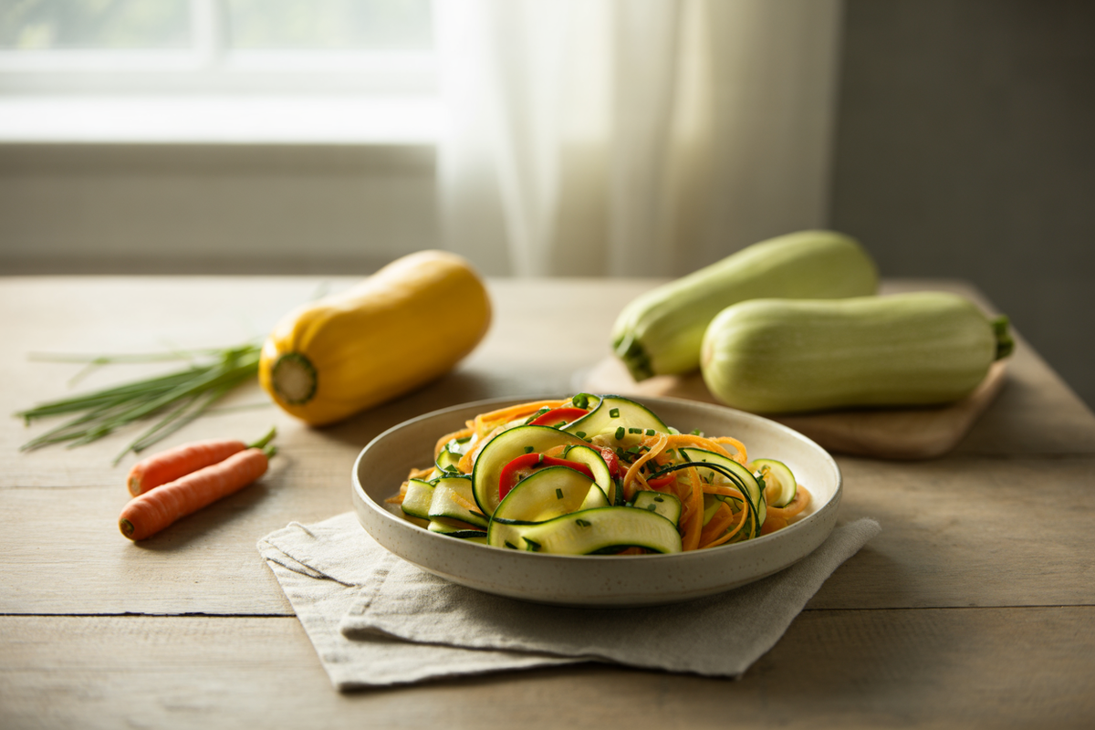 Squash and greens salad with zucchini, yellow squash and red pepper