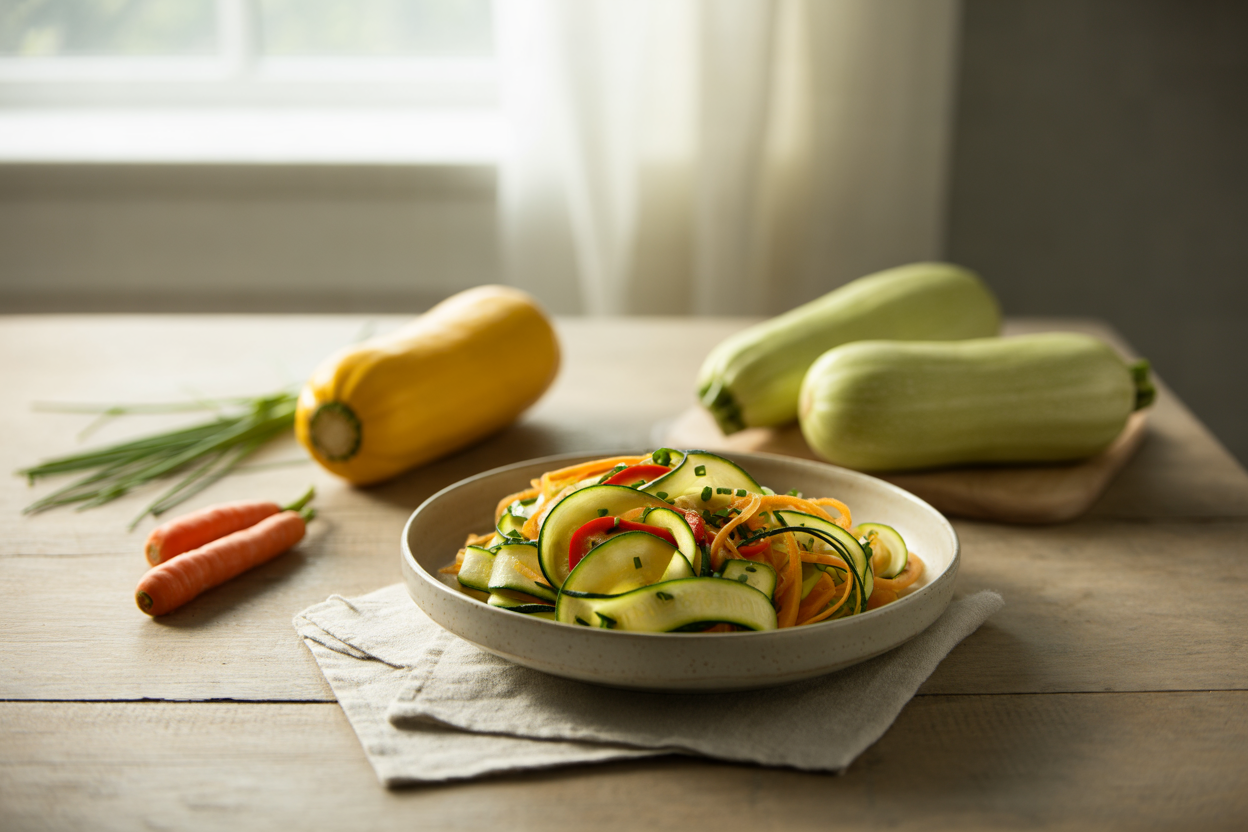 Squash and greens salad with zucchini, yellow squash and red pepper