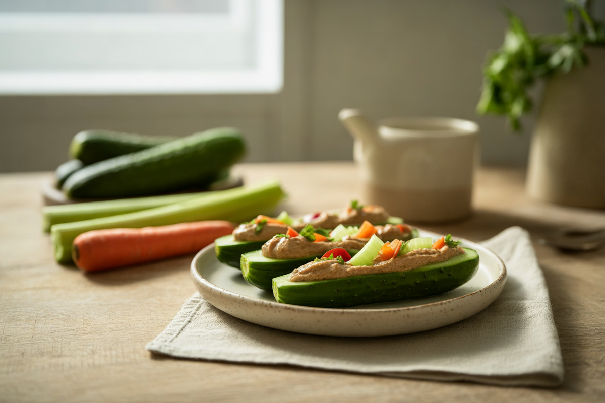 Stuffed cucumbers with almond butter and vegetable filling