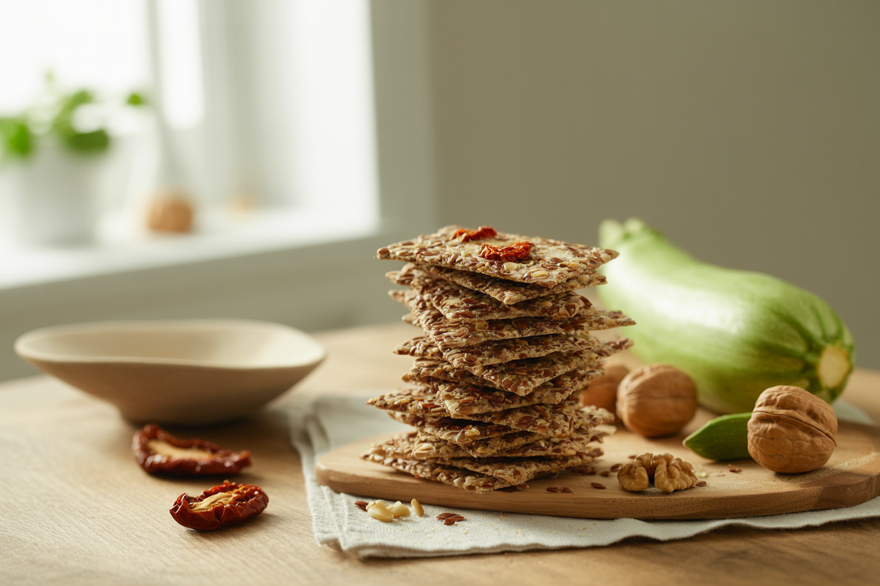 Raw sun-dried tomato crackers made with walnuts, zucchini and seeds