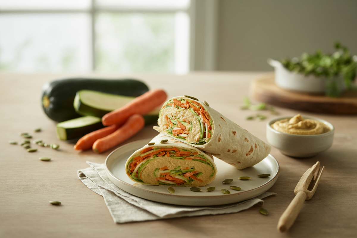 Sunny veggie wrap with hummus, shredded carrot and zucchini slaw and pumpkin seeds