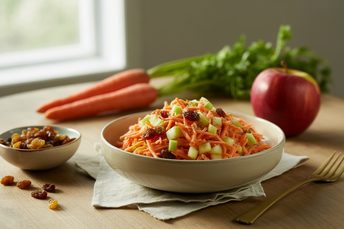 Sunshine carrot salad with grated carrot, apple, celery and raisins