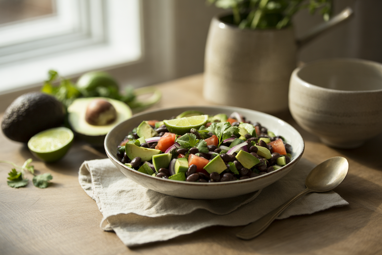 Black bean avocado salad with tomato, cucumber and lime