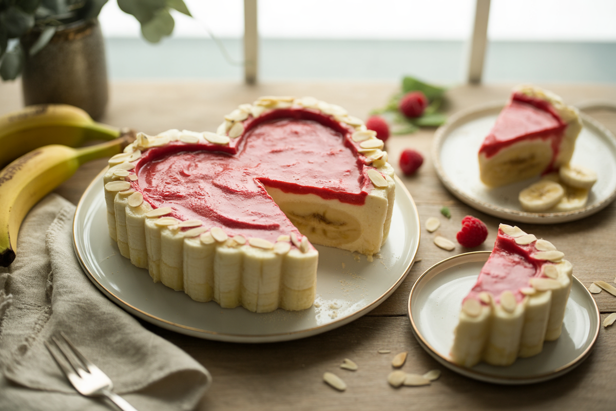 Heart-shaped frozen banana raspberry sweetheart cake
