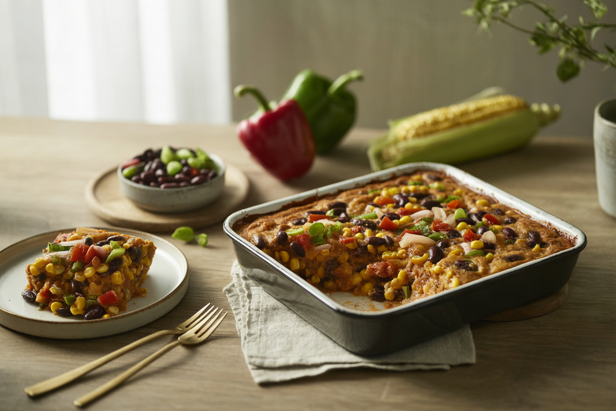 Tamale pie with beans, corn, peppers and tomatoes