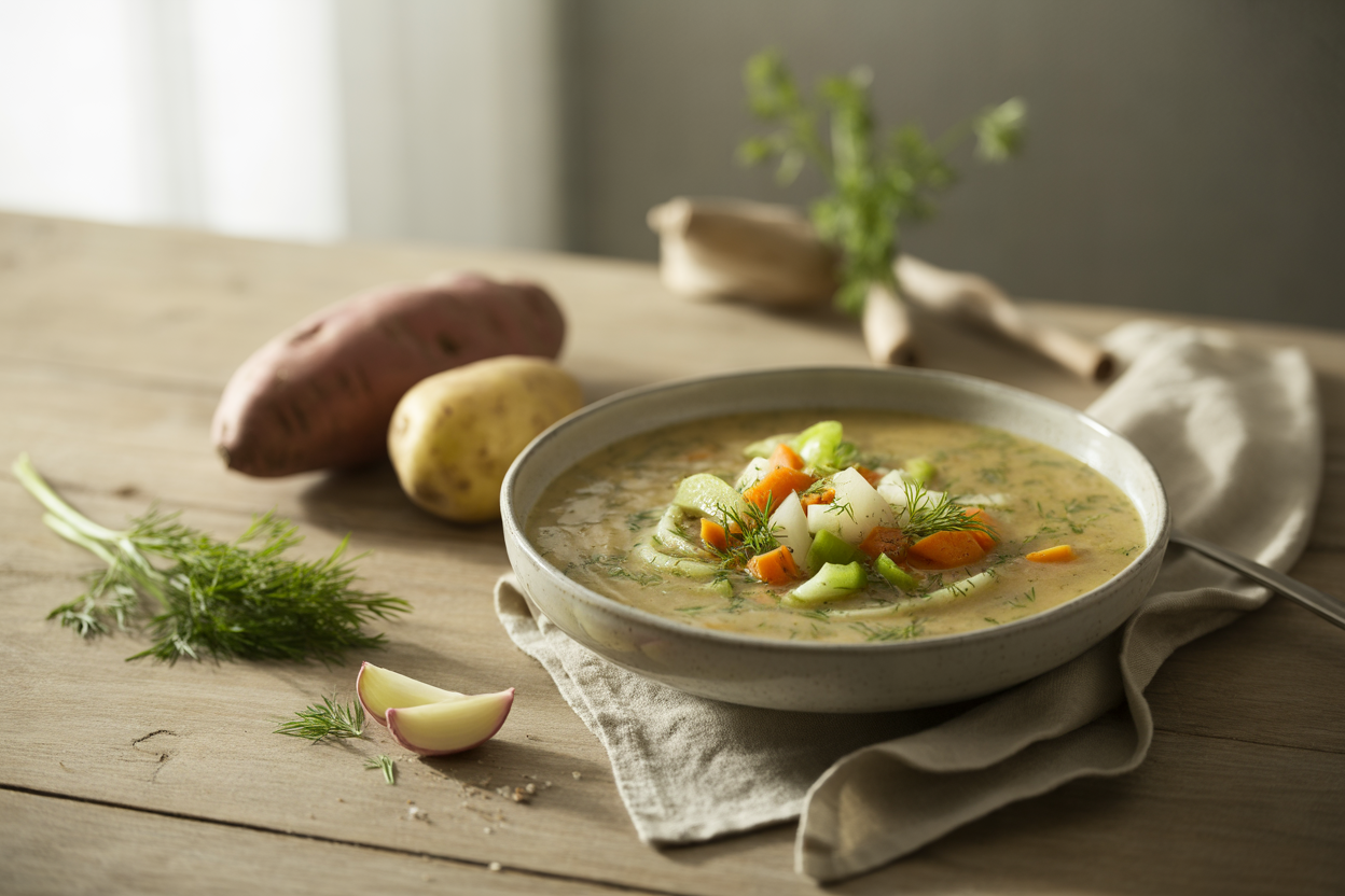 Two potato soup with sweet potato, celery, carrot and dill