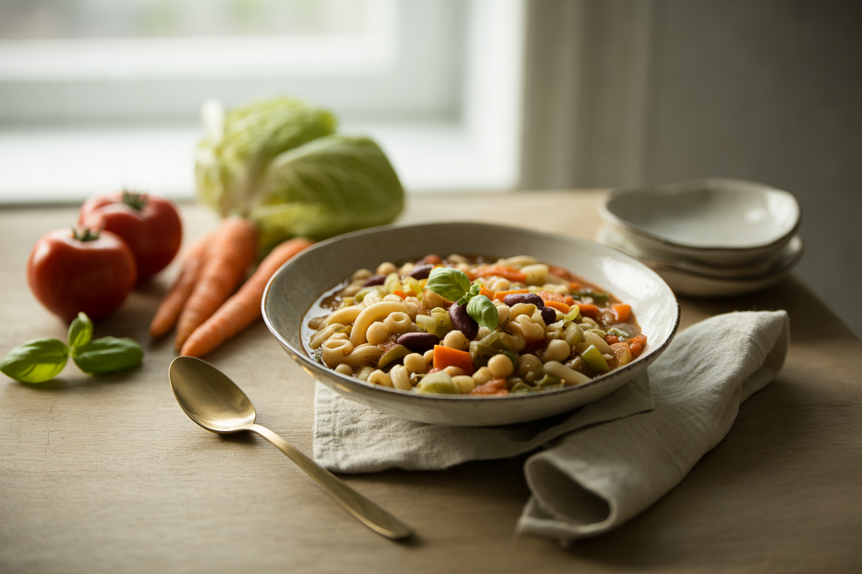 Vegan minestrone soup with whole grain pasta and beans