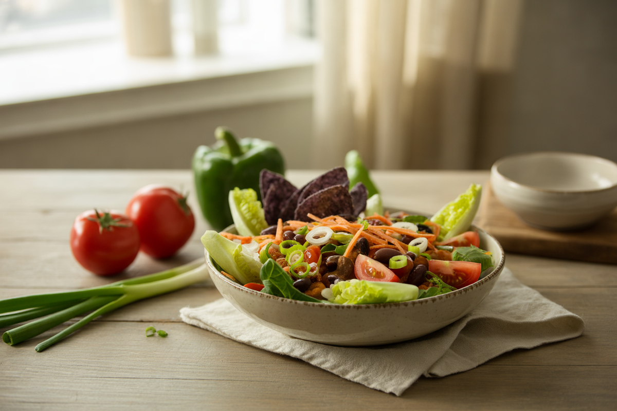 Vegetarian taco salad with beans, tomatoes and blue corn chips