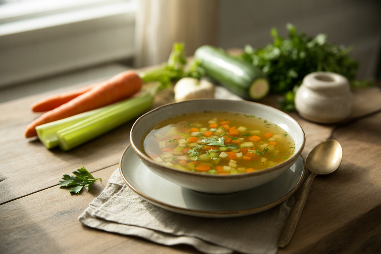 Warm raw vegetable soup in golden broth