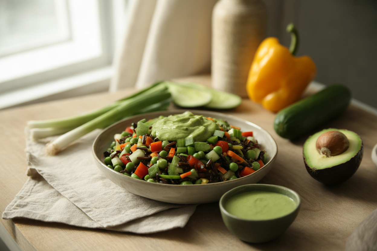 Wild rice salad with peas, peppers, carrot and avocado dressing