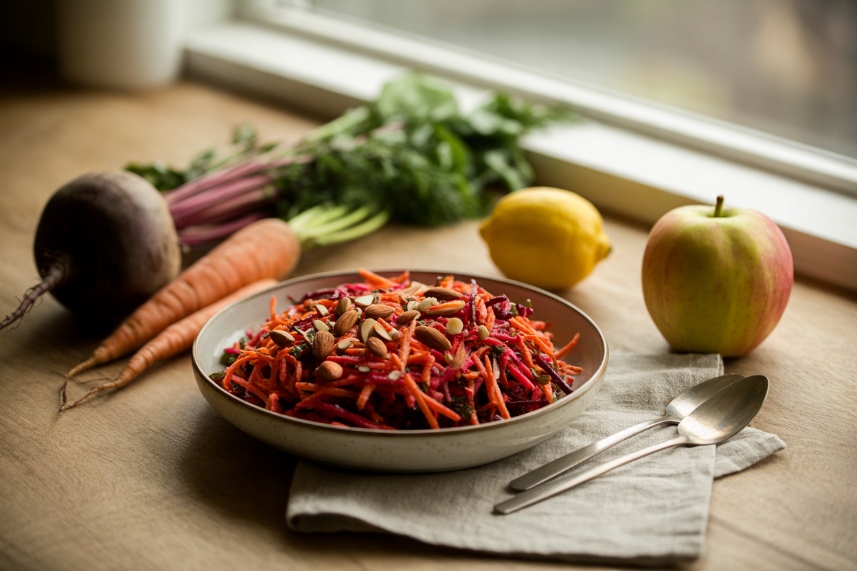 Festivity salad with grated carrot, beet, apple and almonds