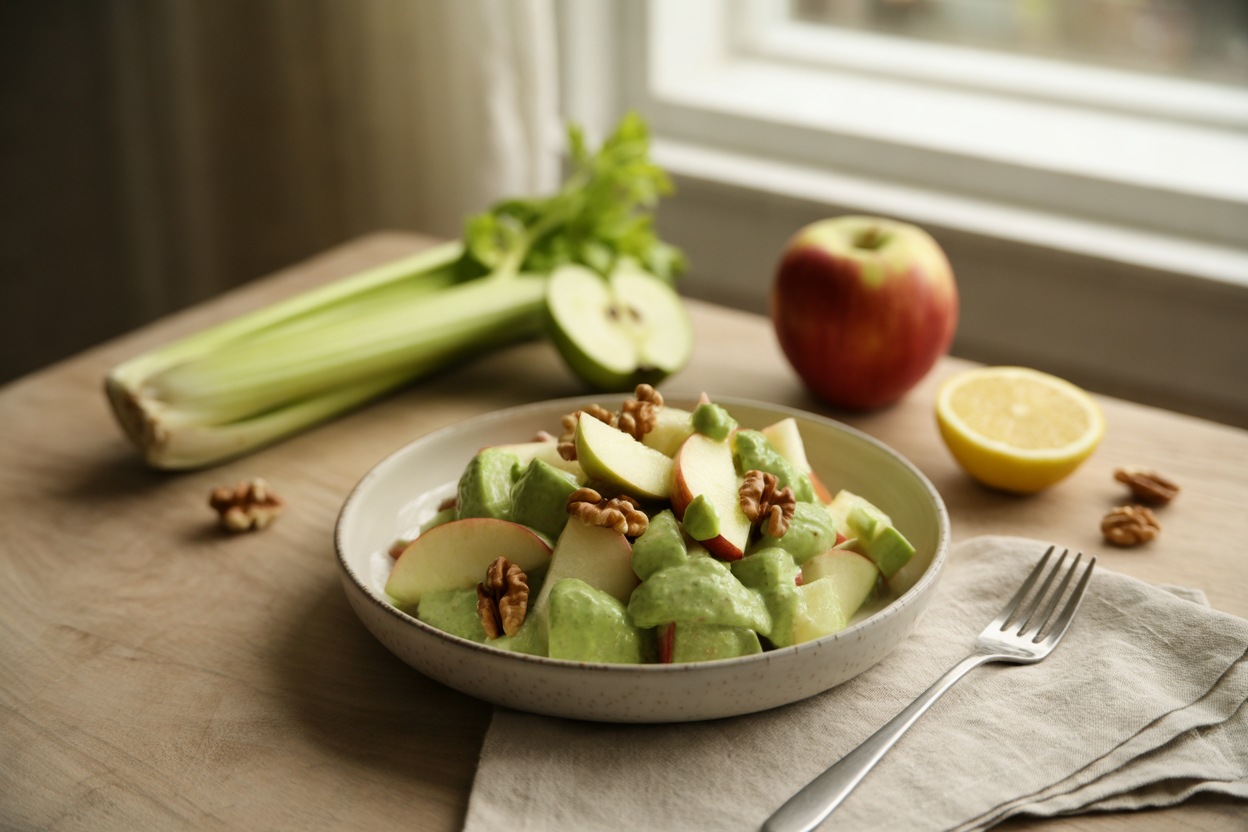 Waldorf salad with apples, celery and walnuts in avocado lemon dressing