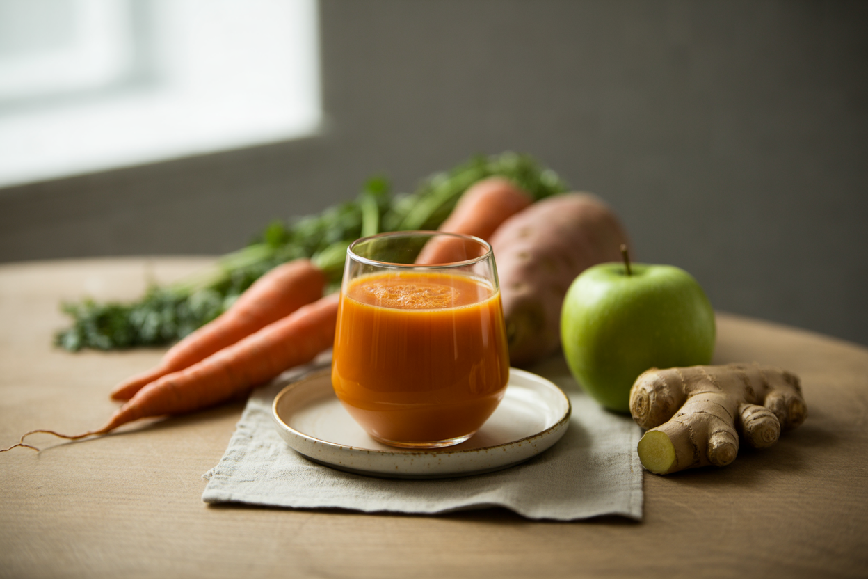Harvest sunset juice with carrot, sweet potato, apple and ginger