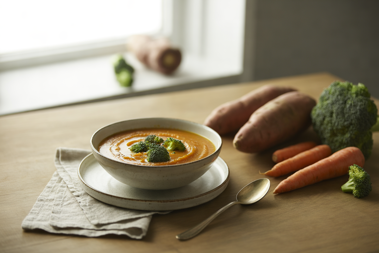 Harvest time soup with carrot, sweet potato and broccoli