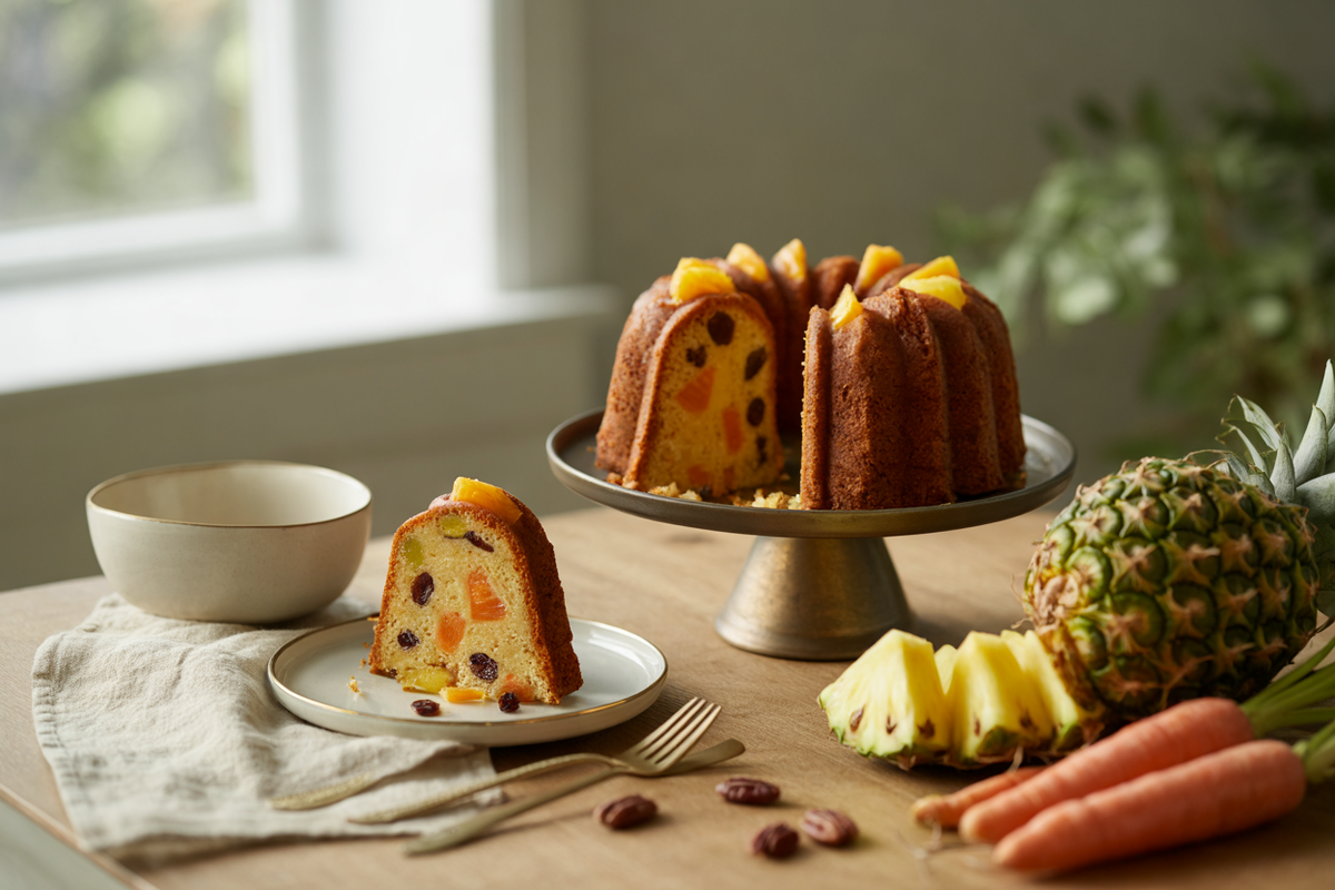 Hawaiian bundt cake with carrot, pineapple and pecans