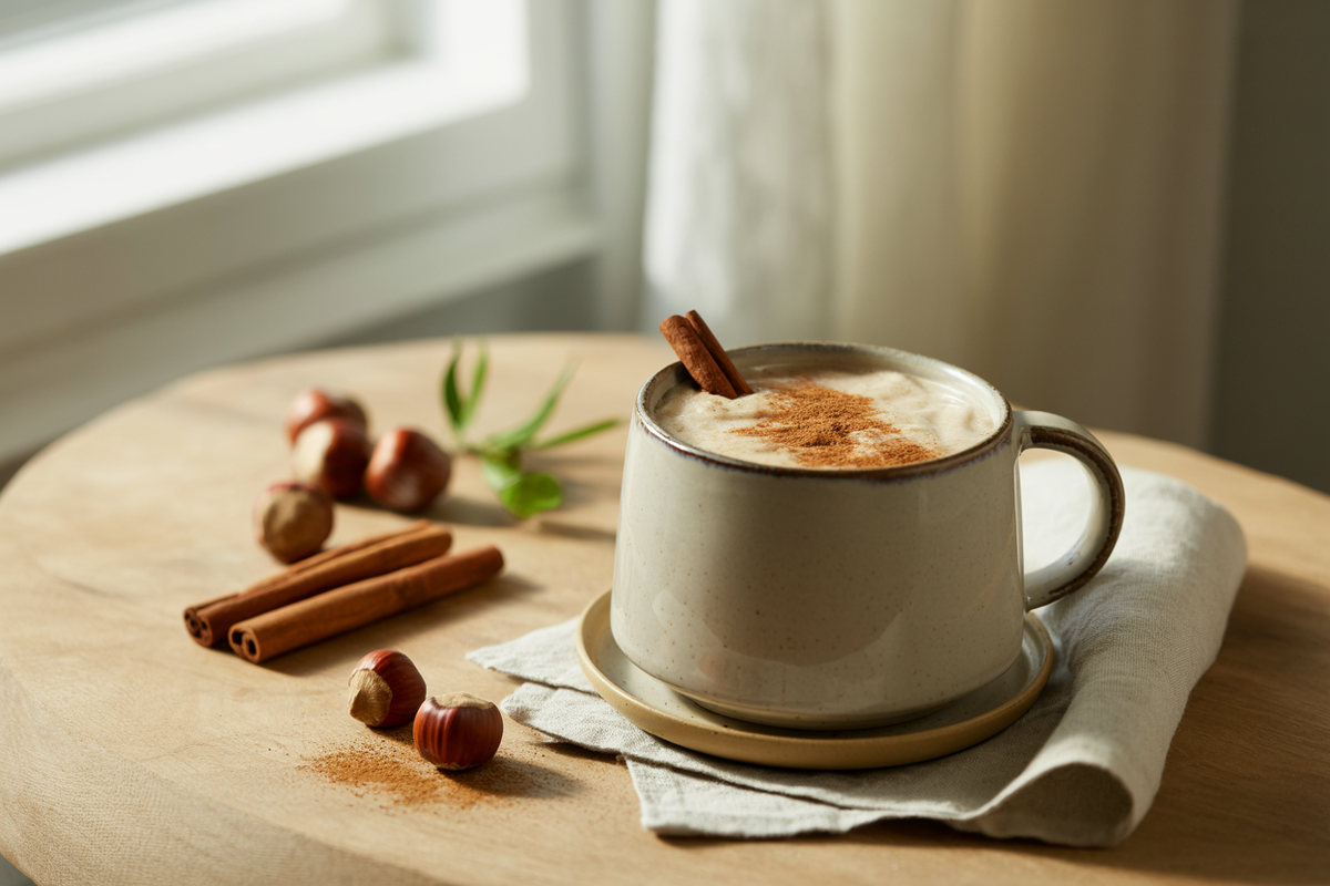 Hazelnut cinnamon latte in a mug with hazelnuts and cinnamon sticks