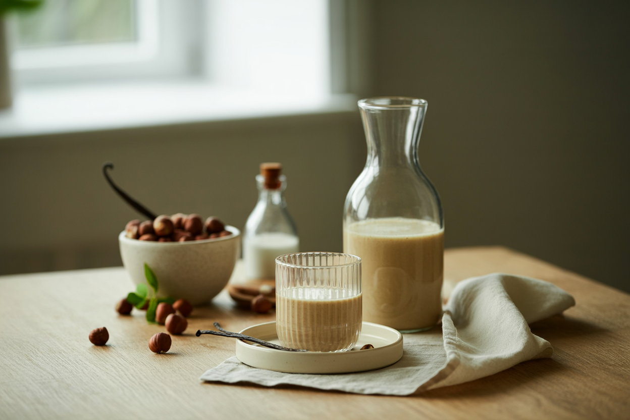 Homemade hazelnut milk with whole hazelnuts