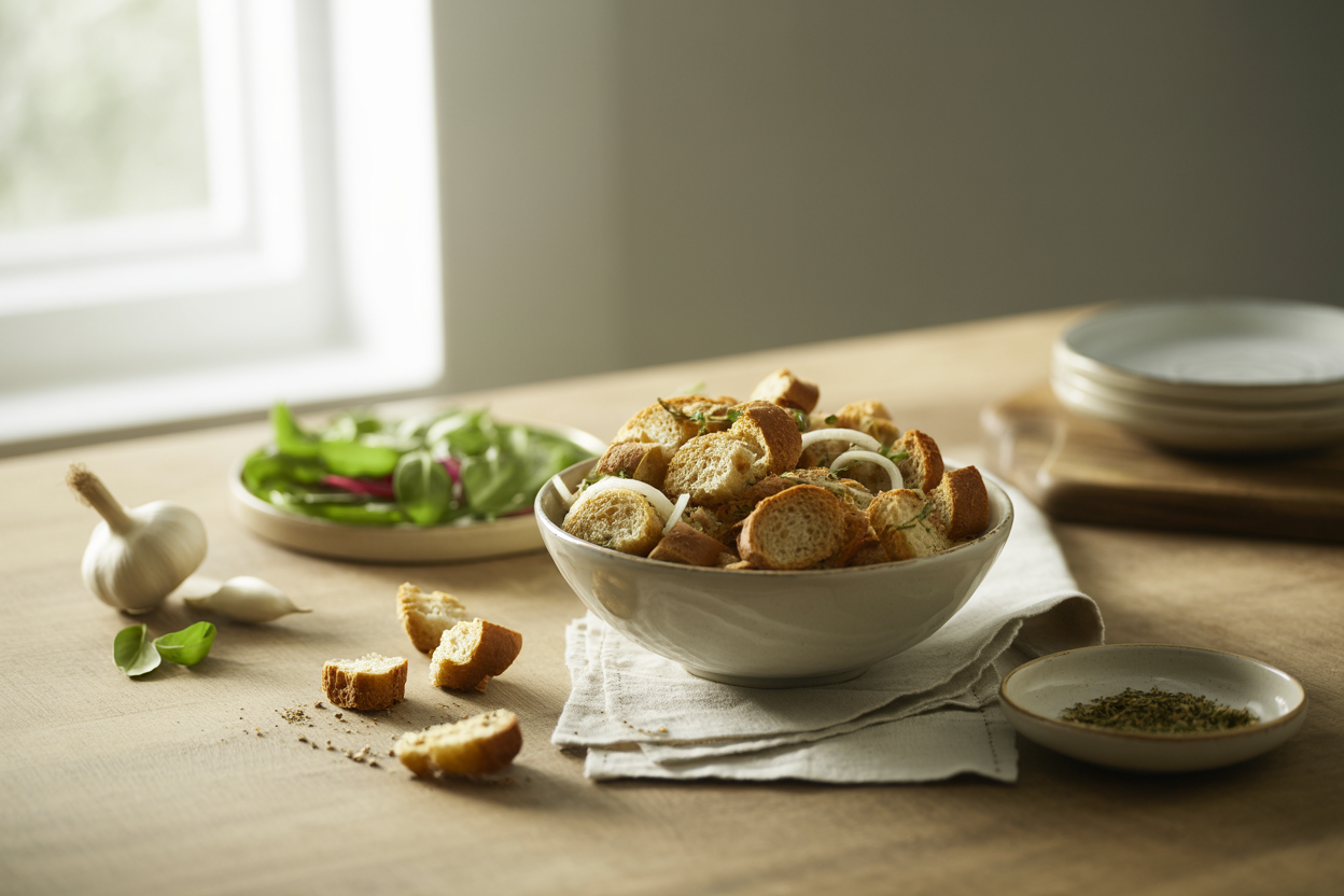 Toasted whole grain croutons seasoned with Italian herbs