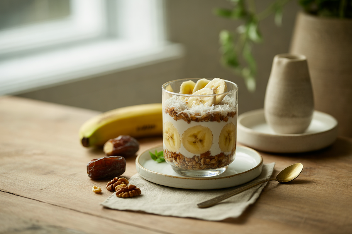 Raw banana cream pie in a glass with dates, walnuts and coconut