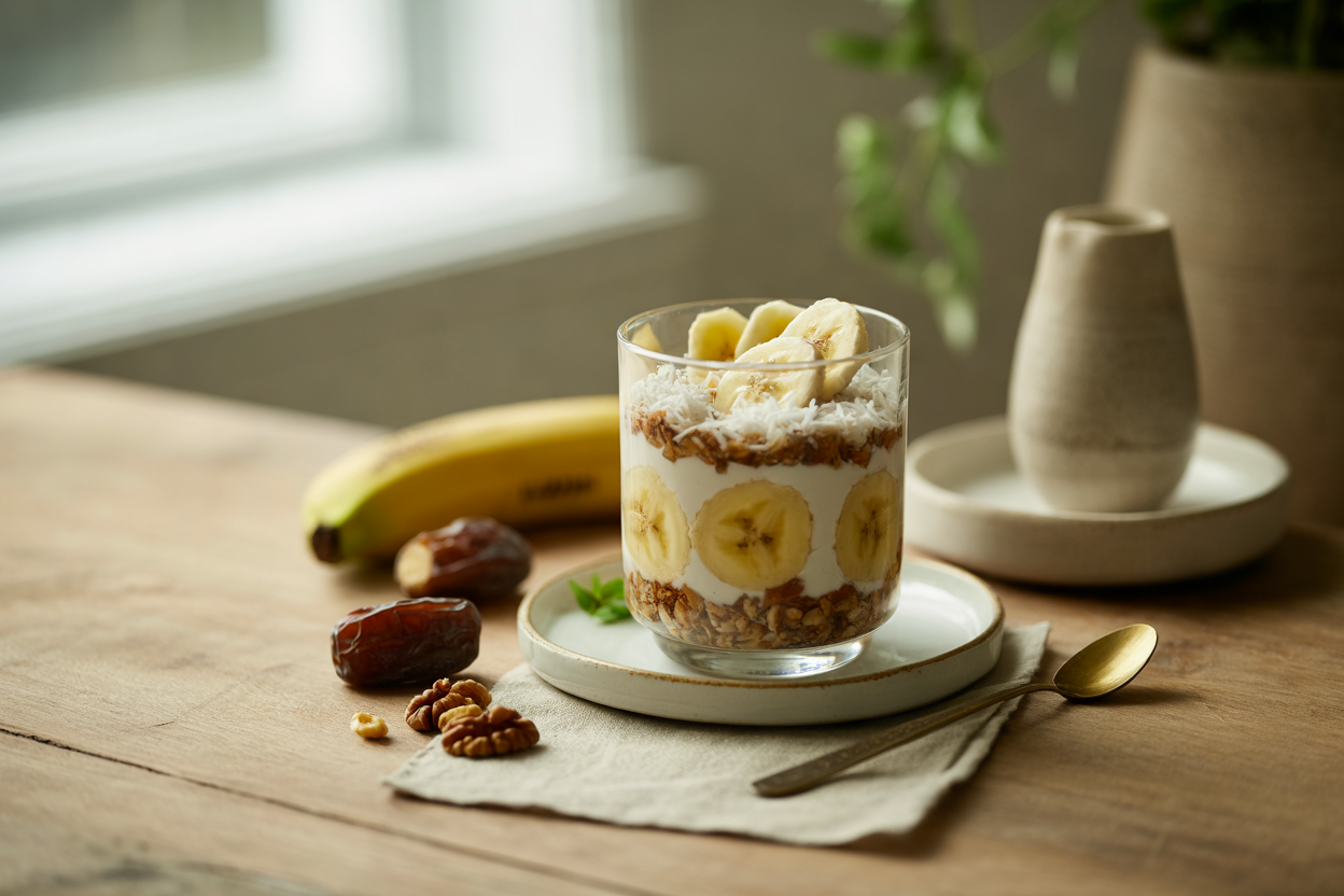 Raw banana cream pie in a glass with dates, walnuts and coconut