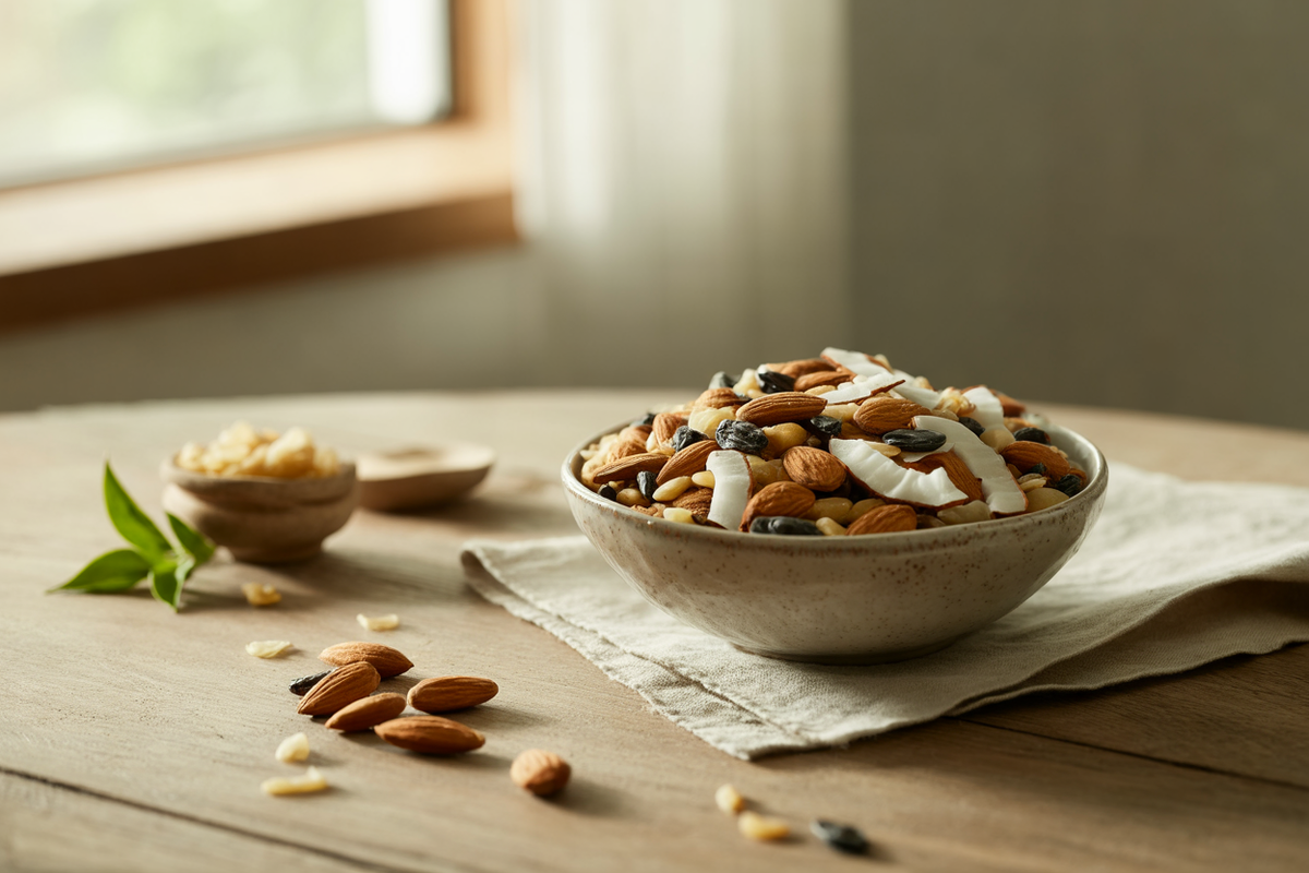 Healthy trail mix with almonds, raisins, sunflower seeds and coconut